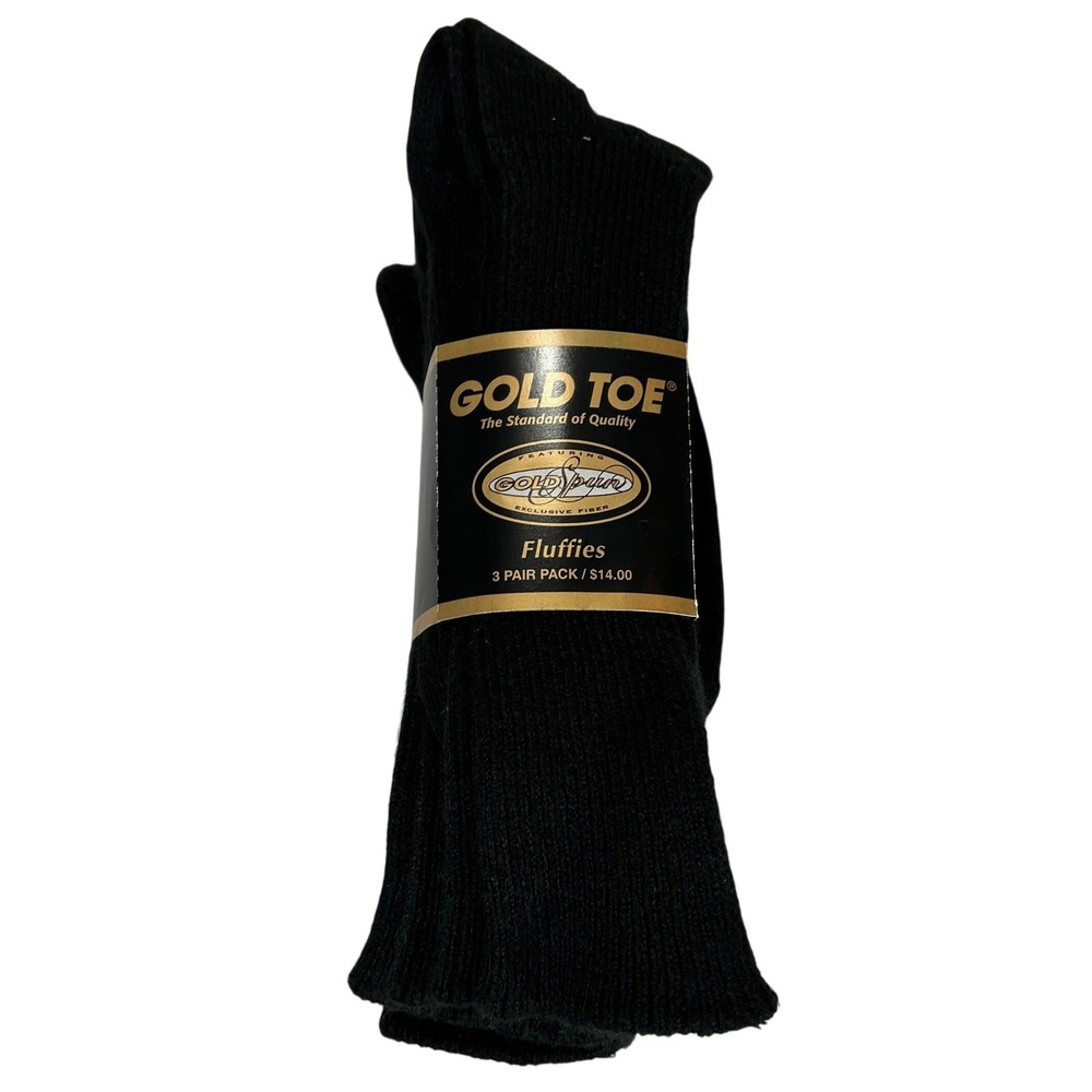 VTG Gold Toe Fluffies Men Black Crew Socks 3 Pairs 523S Cushion Foot Made in USA